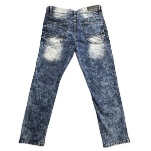 WT02 Jeans Mens 36x30 Blue Acid Wash Moto Biker Stacked Slim Fit Denim Pants